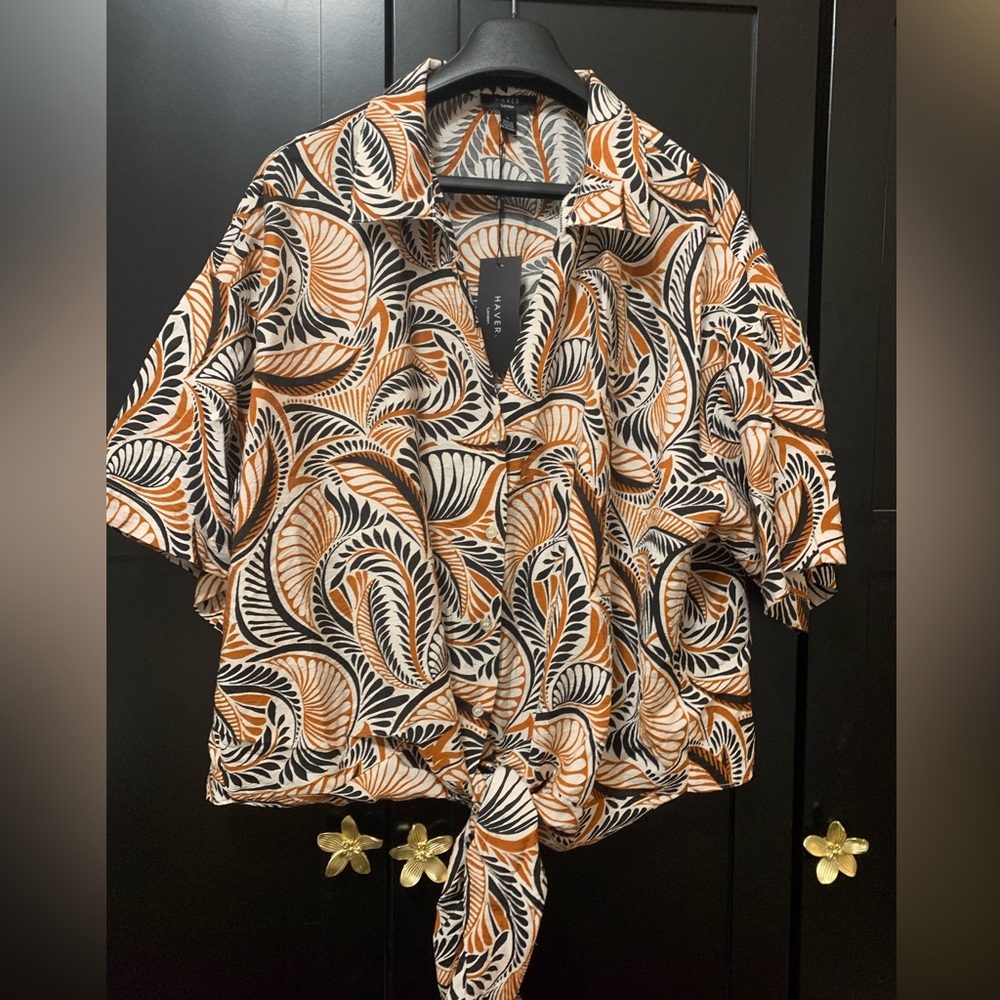 Haver London NWT Women's Orange and Black Patterned Blouse spring 1X